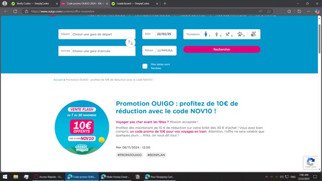 Ouigo checkout page showing Ouigo promo code box | Screenshot taken by SimplyCodes community member on Feb 22, 2025