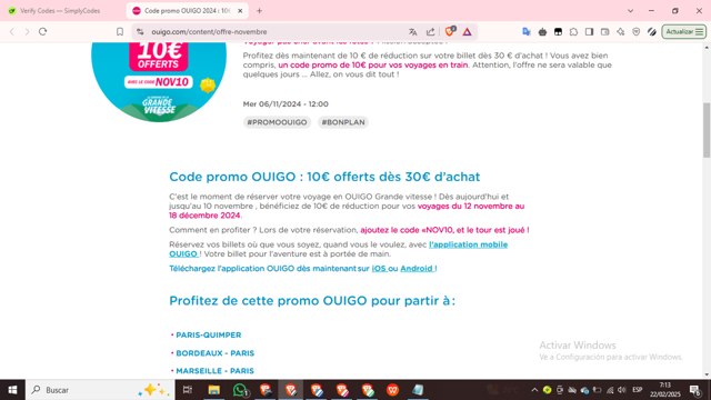 Ouigo checkout page showing Ouigo promo code box | Screenshot taken by SimplyCodes community member on Feb 22, 2025