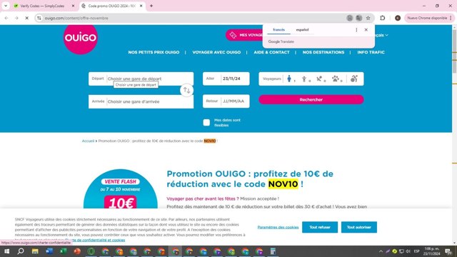Ouigo checkout page showing Ouigo promo code box | Screenshot taken by SimplyCodes community member on Nov 23, 2024