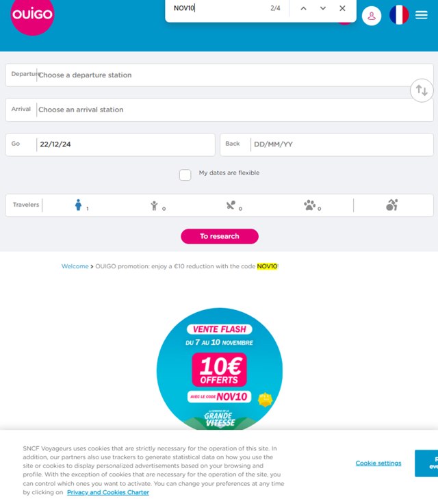Ouigo checkout page showing Ouigo promo code box | Screenshot taken by SimplyCodes community member on Dec 22, 2024