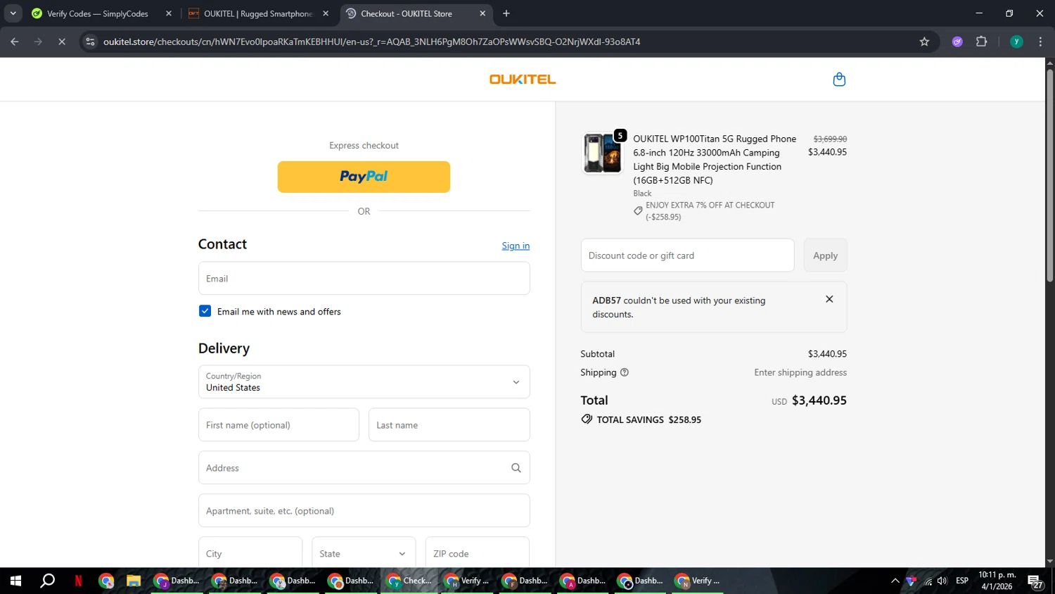 Oukitel checkout page showing Oukitel promo code box | Screenshot taken by SimplyCodes community member on Jan 5, 2026