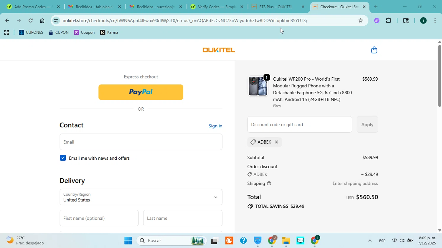 Oukitel promo code screenshot showing code ADBEK applied at Oukitel checkout page. Uploaded by SimplyCodes community member jorgejavierherrera on Dec 8, 2025