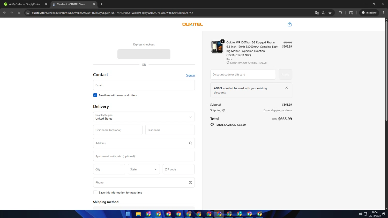 Oukitel promo code screenshot showing code ADBEL applied at Oukitel checkout page. Uploaded by SimplyCodes community member CRF250CC on Dec 26, 2025
