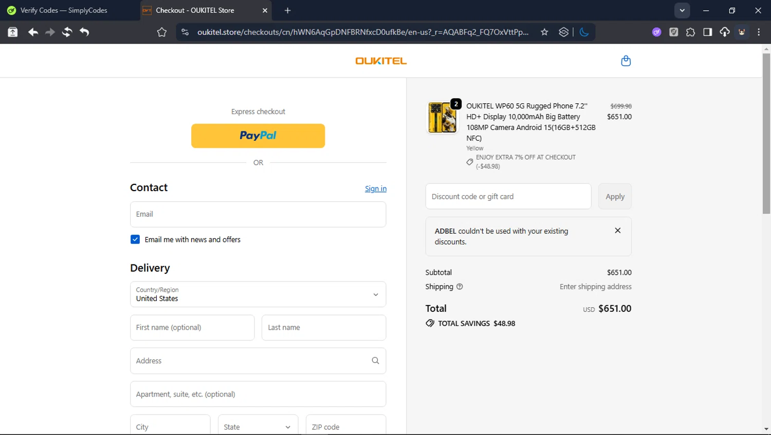 Oukitel promo code screenshot showing code ADBEL applied at Oukitel checkout page. Uploaded by SimplyCodes community member USER_RANDON on Jan 5, 2026