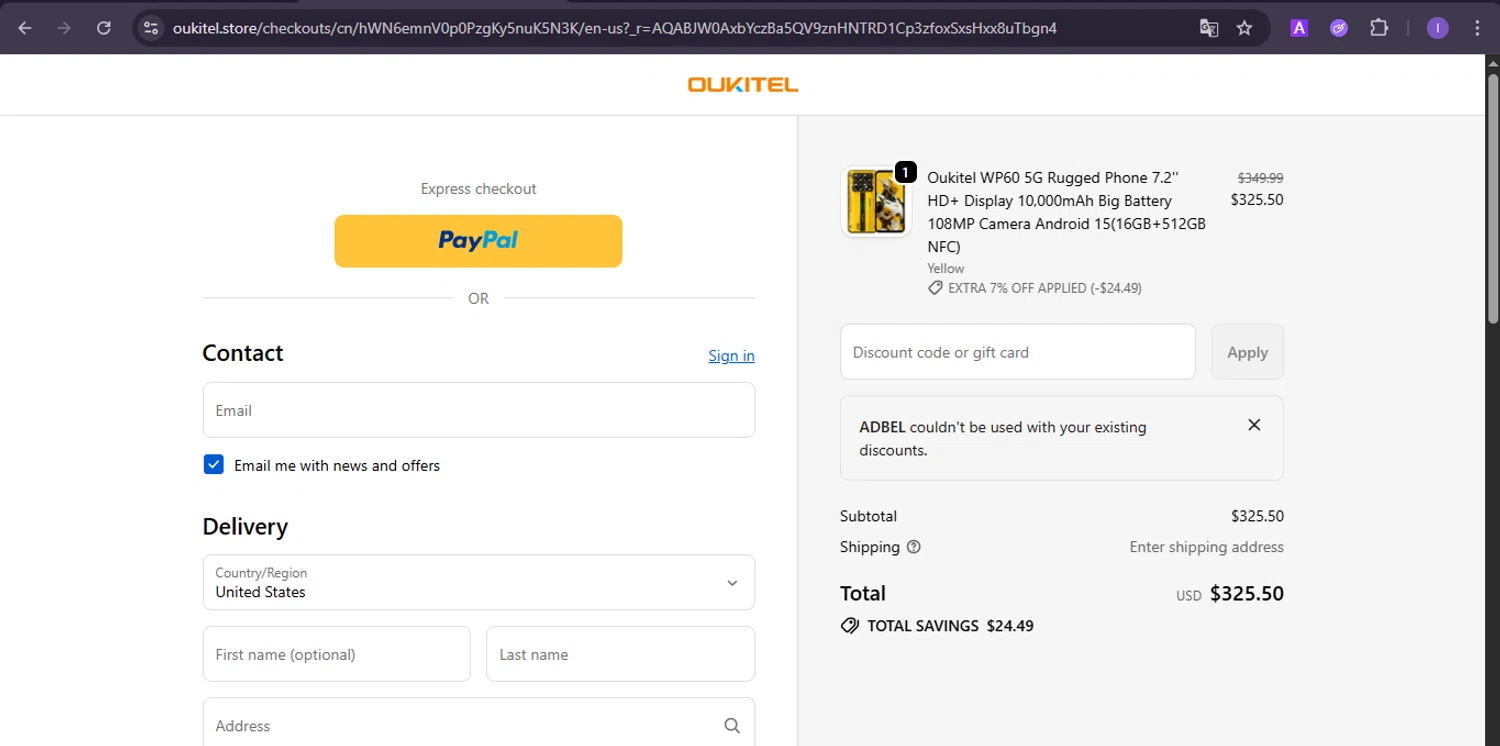Oukitel promo code screenshot showing code ADBEL applied at Oukitel checkout page. Uploaded by SimplyCodes community member joineds on Dec 20, 2025