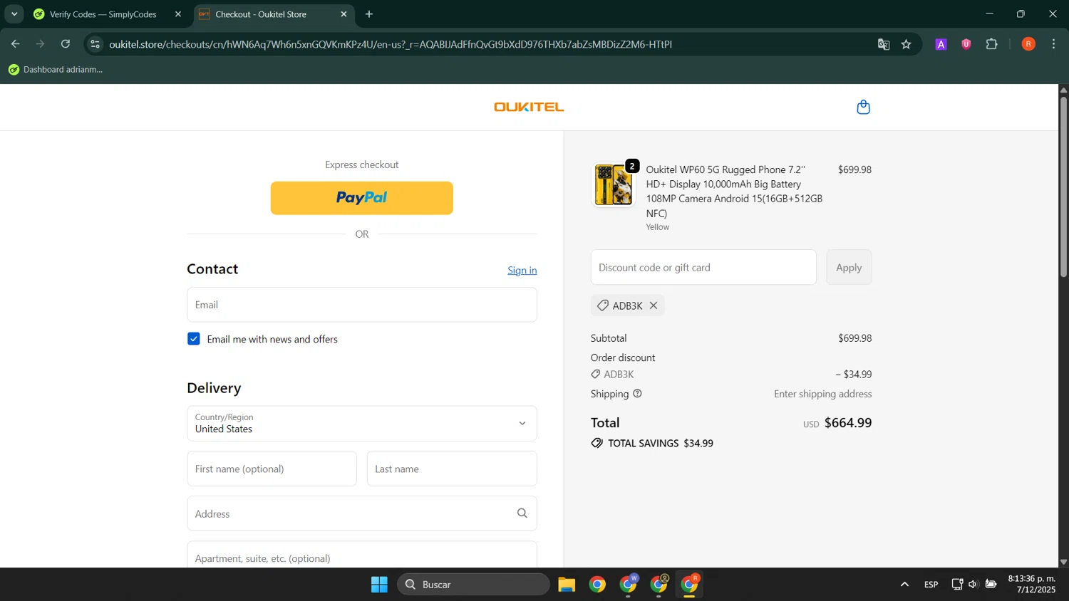 Oukitel promo code screenshot showing code ADB3K applied at Oukitel checkout page. Uploaded by SimplyCodes community member LuckyShopper9694 on Dec 8, 2025