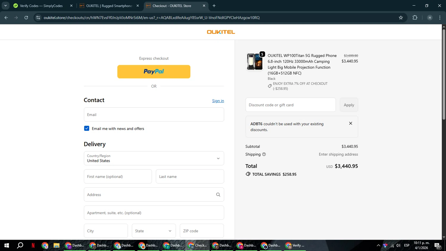 Oukitel checkout page showing Oukitel promo code box | Screenshot taken by SimplyCodes community member on Jan 5, 2026
