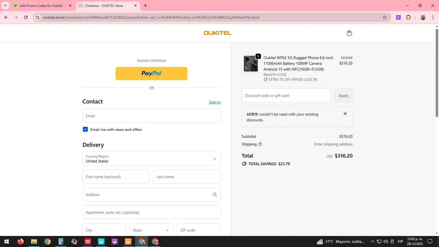 Oukitel promo code screenshot showing code ADB1K applied at Oukitel checkout page. Uploaded by SimplyCodes community member SARAI13 on Dec 29, 2025