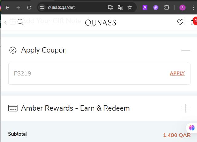 Ounass checkout page showing Ounass discount code box | Screenshot taken by SimplyCodes community member on Sep 8, 2025