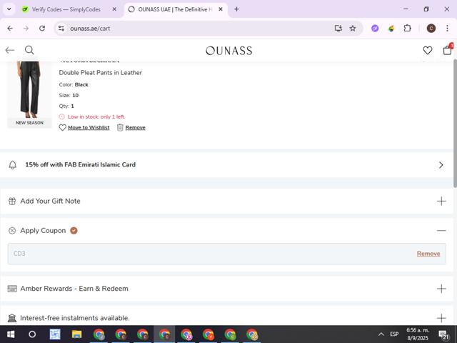 Ounass checkout page showing Ounass discount code box | Screenshot taken by SimplyCodes community member on Sep 8, 2025