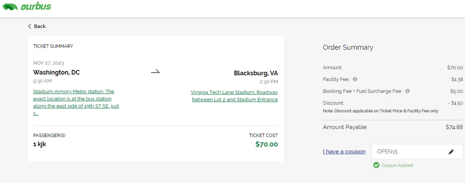 where to use OurBus promo code box
