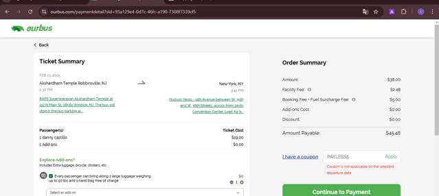 Our Bus checkout page showing Our Bus coupon code box | Screenshot taken by SimplyCodes community member on Feb 22, 2025