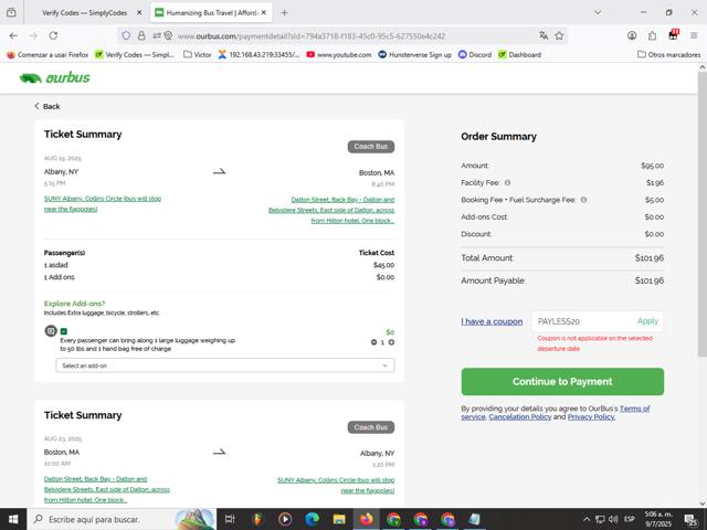 Our Bus checkout page showing Our Bus coupon code box | Screenshot taken by SimplyCodes community member on Jul 9, 2025