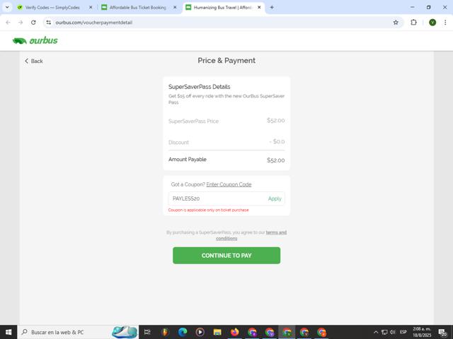 Our Bus checkout page showing Our Bus coupon code box | Screenshot taken by SimplyCodes community member on Aug 18, 2025
