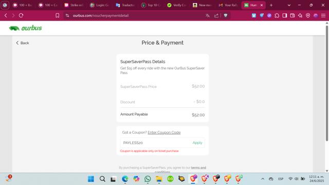 Our Bus checkout page showing Our Bus coupon code box | Screenshot taken by SimplyCodes community member on Jun 24, 2025