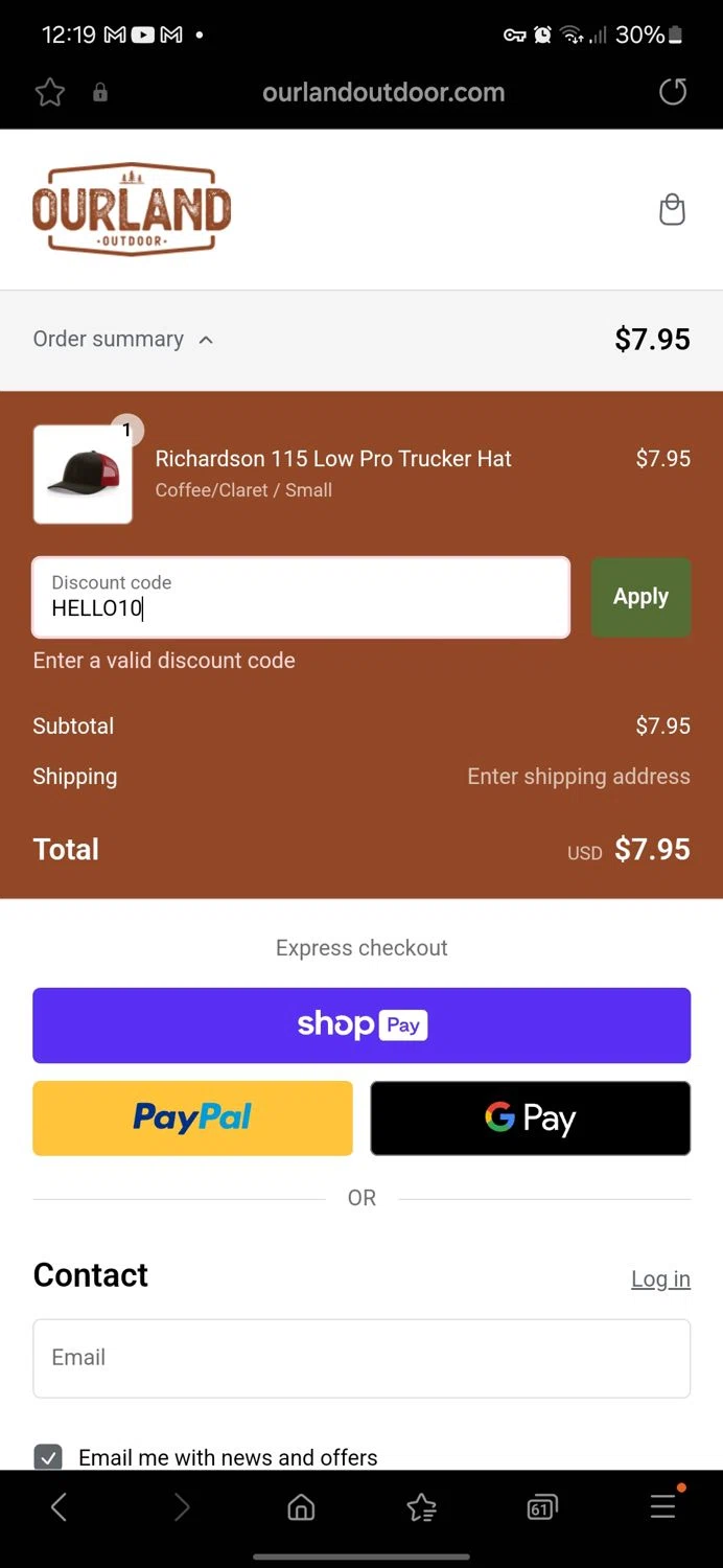 Ourland Outdoor discount code screenshot showing code HELLO10 applied at Ourland Outdoor checkout page. Uploaded by SimplyCodes community member Carbon132 on Jan 4, 2025
