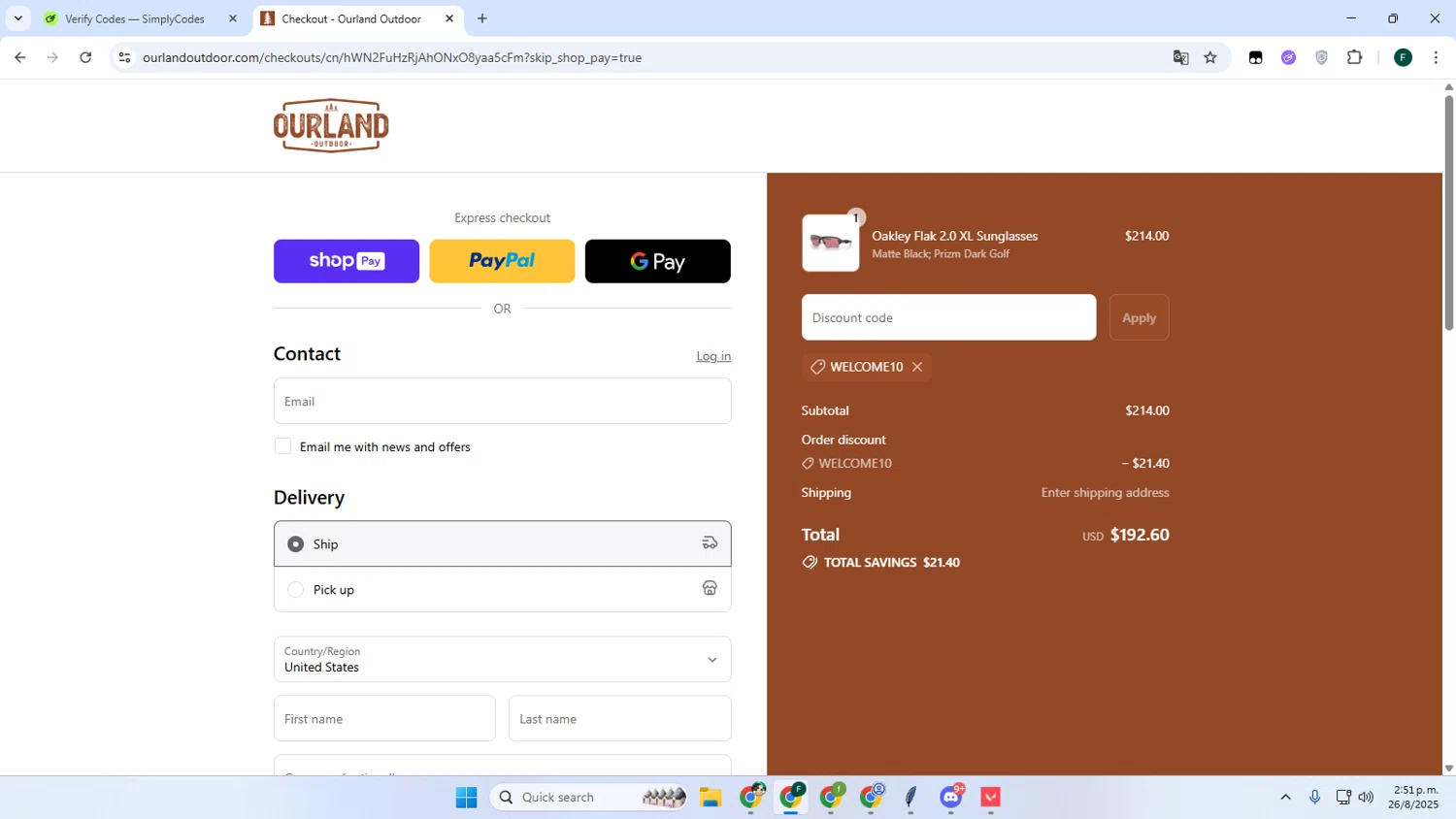Ourland Outdoor discount code screenshot showing code WELCOME10 applied at Ourland Outdoor checkout page. Uploaded by SimplyCodes community member Juanse on Aug 26, 2025