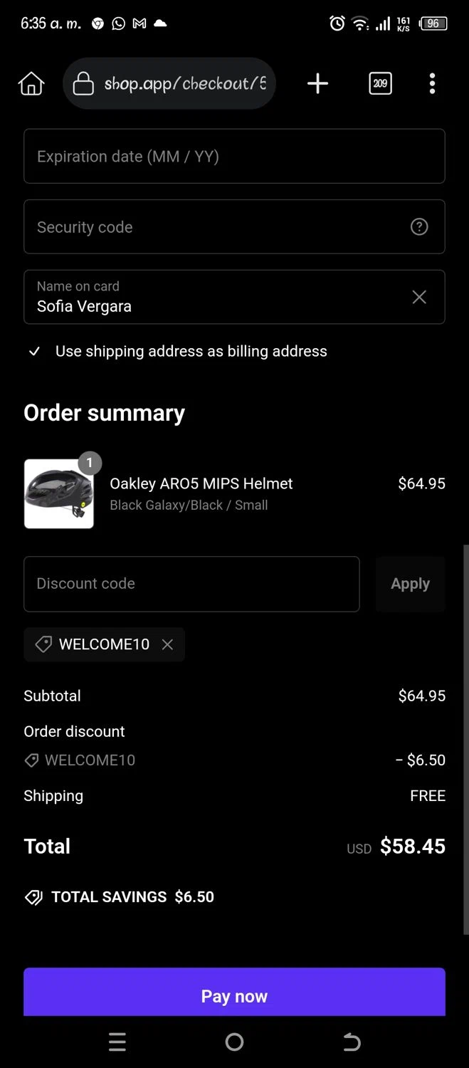 Ourland Outdoor discount code screenshot showing code WELCOME10 applied at Ourland Outdoor checkout page. Uploaded by SimplyCodes community member Pipina11 on Feb 26, 2025