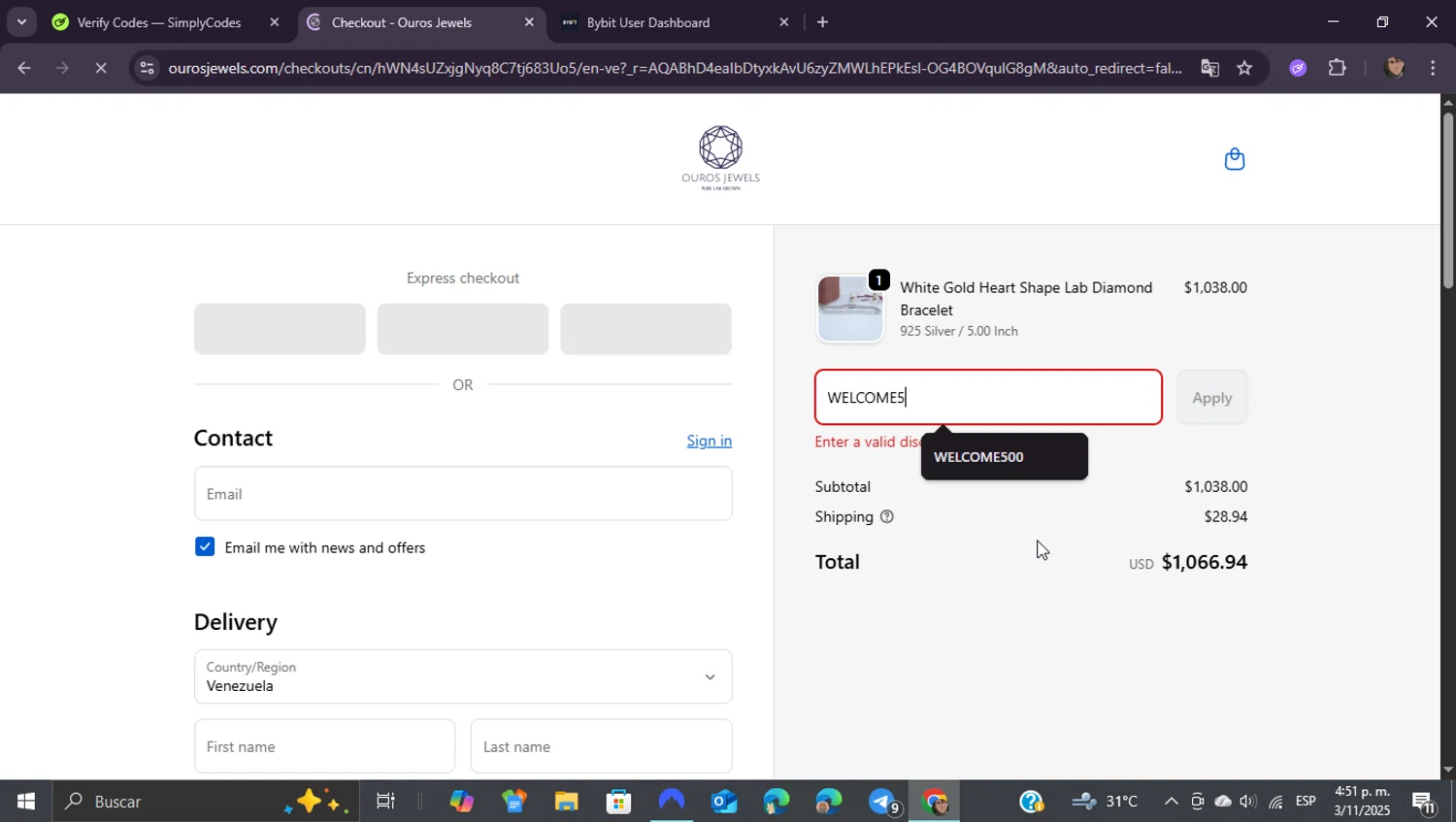 Ouros Jewels promo code screenshot showing code WELCOME5 applied at Ouros Jewels checkout page. Uploaded by SimplyCodes community member ShieldEagle9436 on Nov 3, 2025