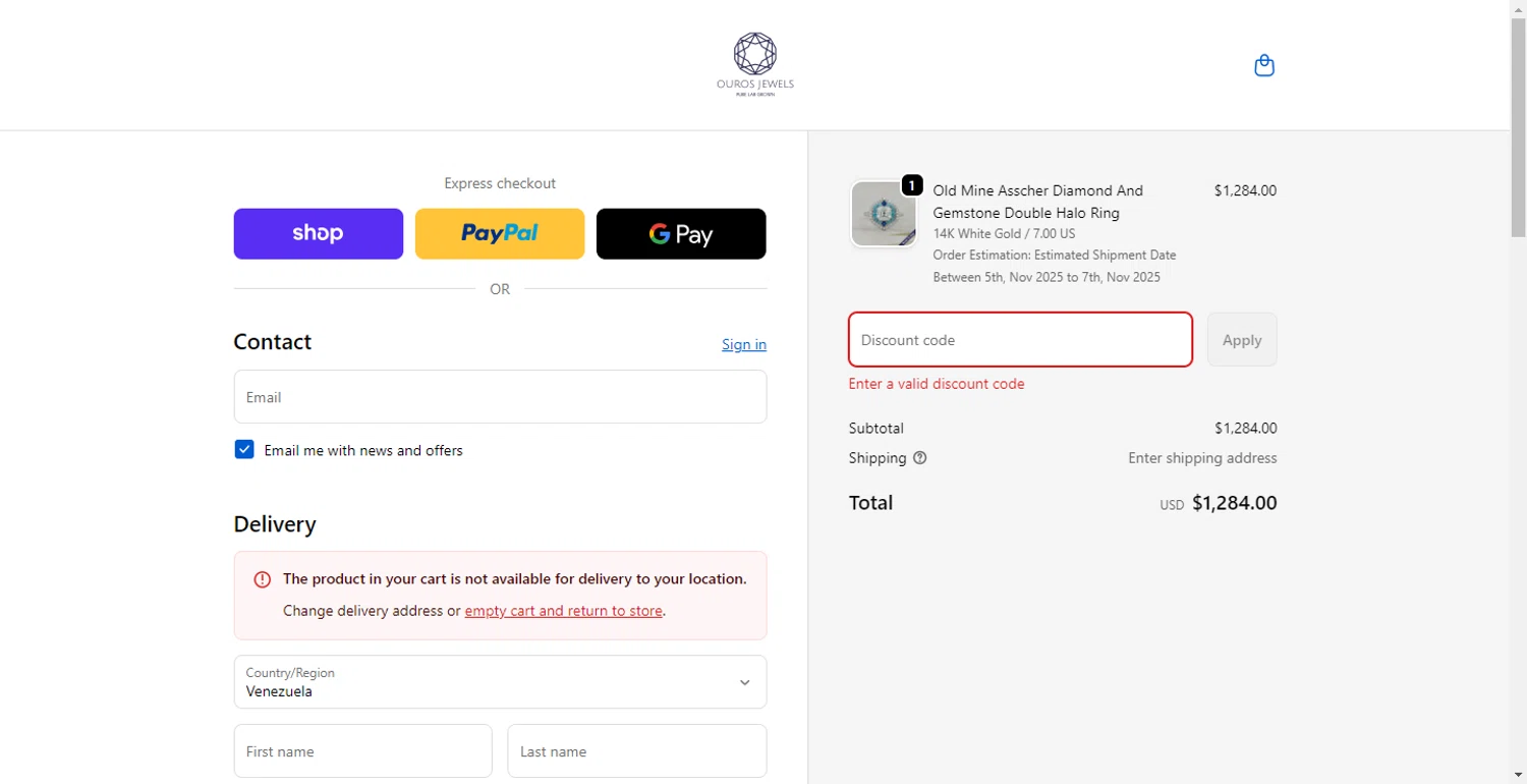 Ouros Jewels promo code screenshot showing code WELCOME5 applied at Ouros Jewels checkout page. Uploaded by SimplyCodes community member ShieldLion4225 on Nov 3, 2025
