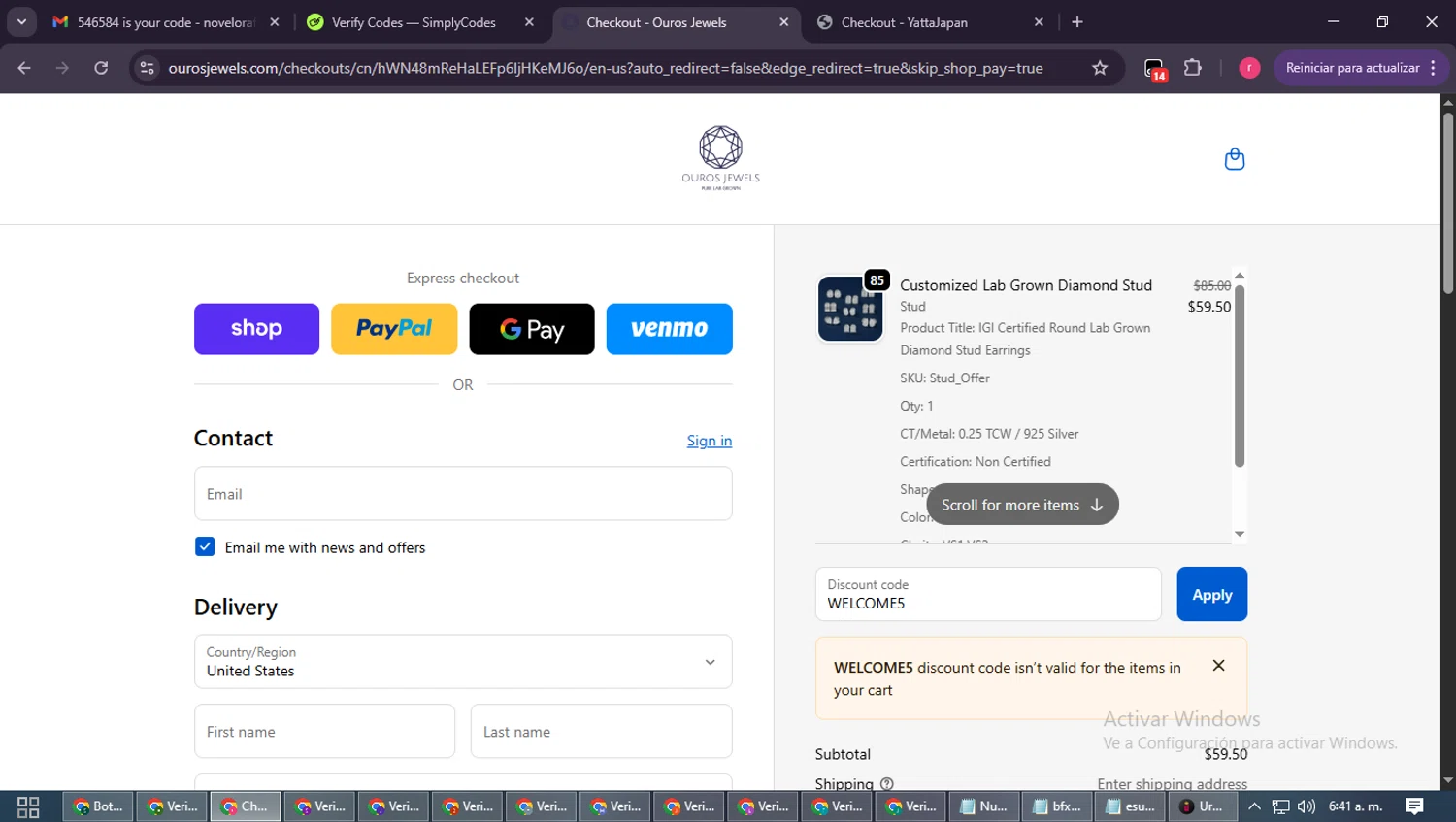 Ouros Jewels promo code screenshot showing code WELCOME5 applied at Ouros Jewels checkout page. Uploaded by SimplyCodes community member WisePro3739 on Oct 15, 2025