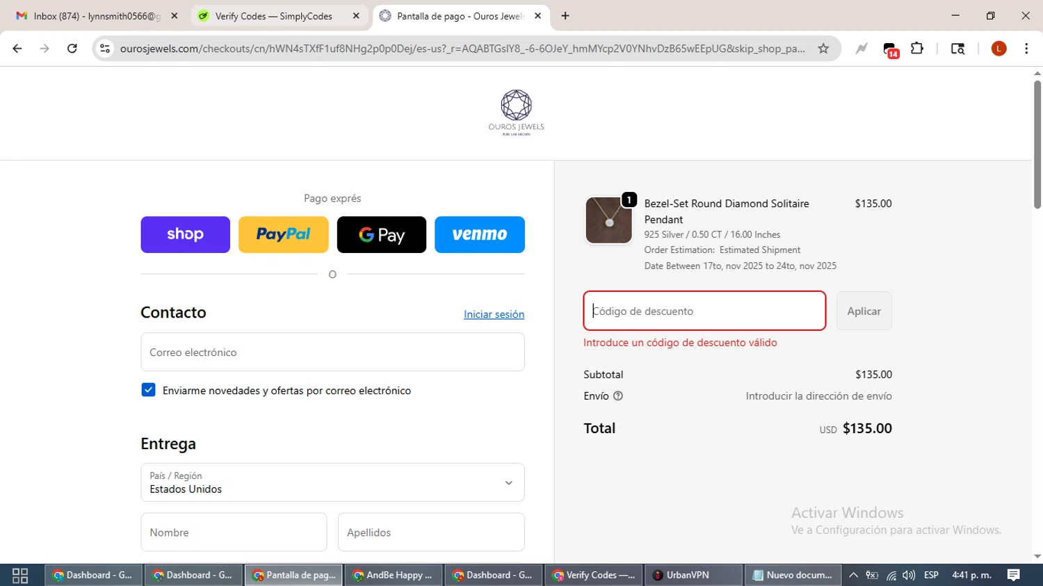 Ouros Jewels promo code screenshot showing code CART10 applied at Ouros Jewels checkout page. Uploaded by SimplyCodes community member BonusHero9692 on Nov 3, 2025