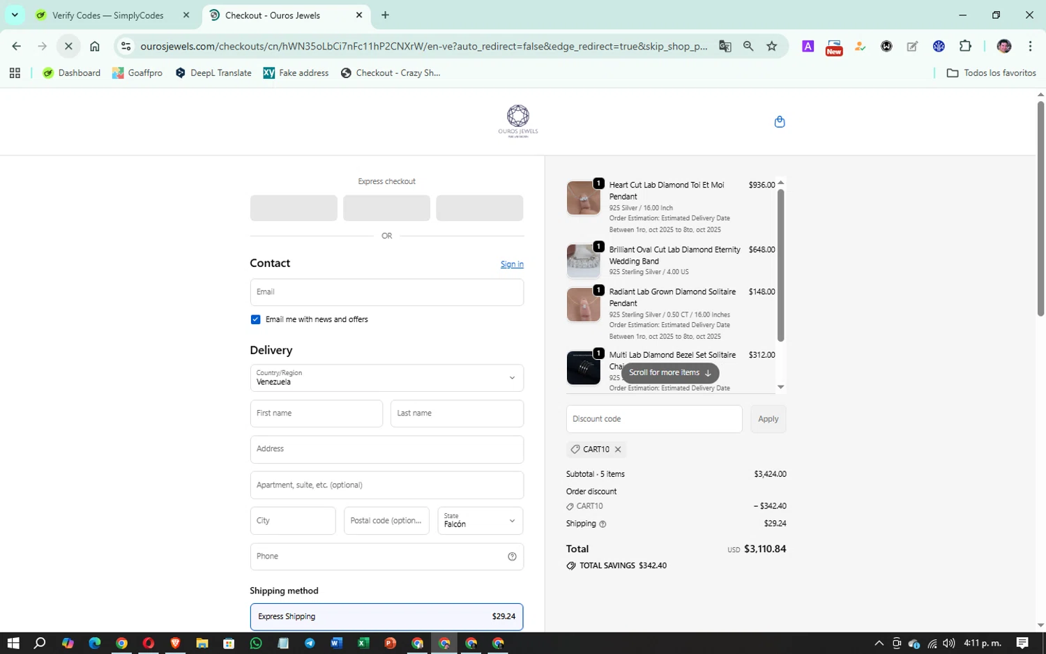 Ouros Jewels promo code screenshot showing code CART10 applied at Ouros Jewels checkout page. Uploaded by SimplyCodes community member Oklahoma_City on Sep 17, 2025
