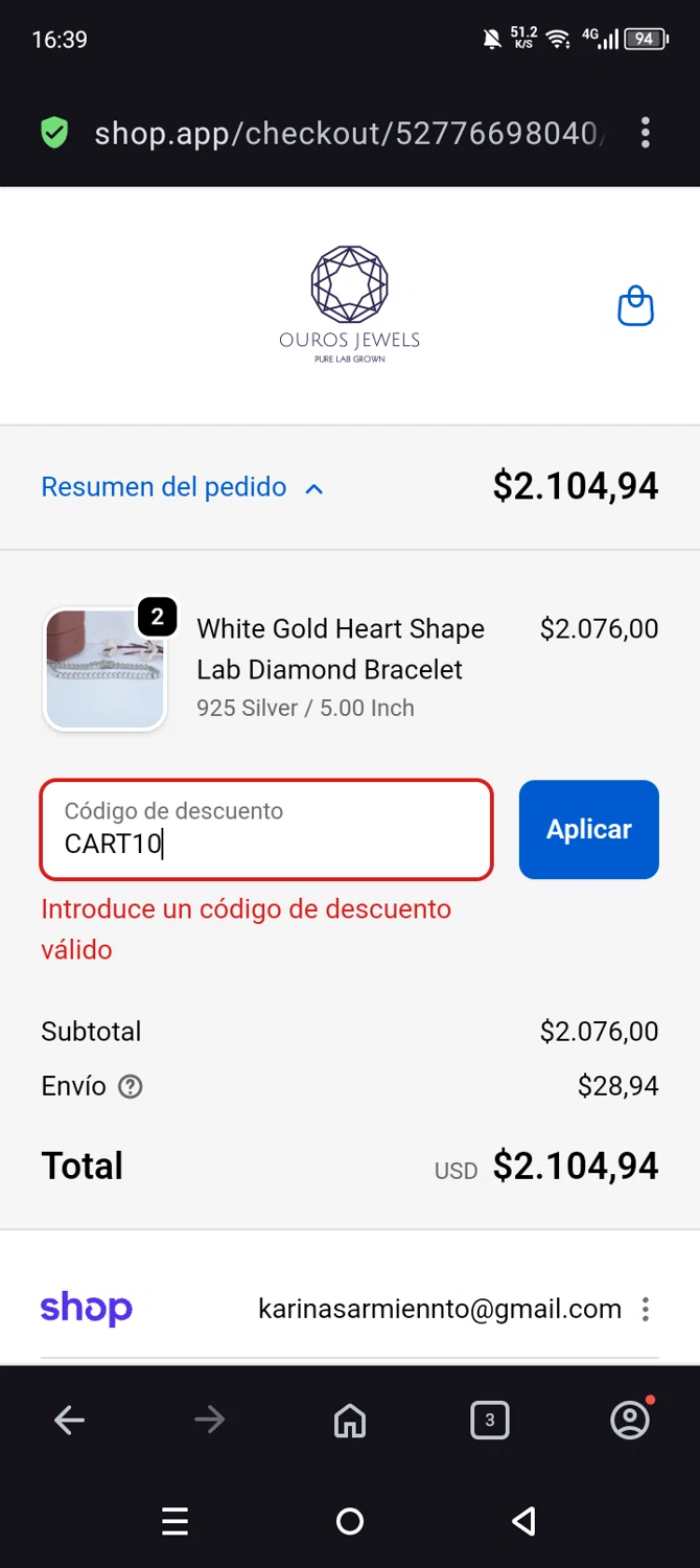 Ouros Jewels promo code screenshot showing code CART10 applied at Ouros Jewels checkout page. Uploaded by SimplyCodes community member Olivatle37 on Nov 3, 2025