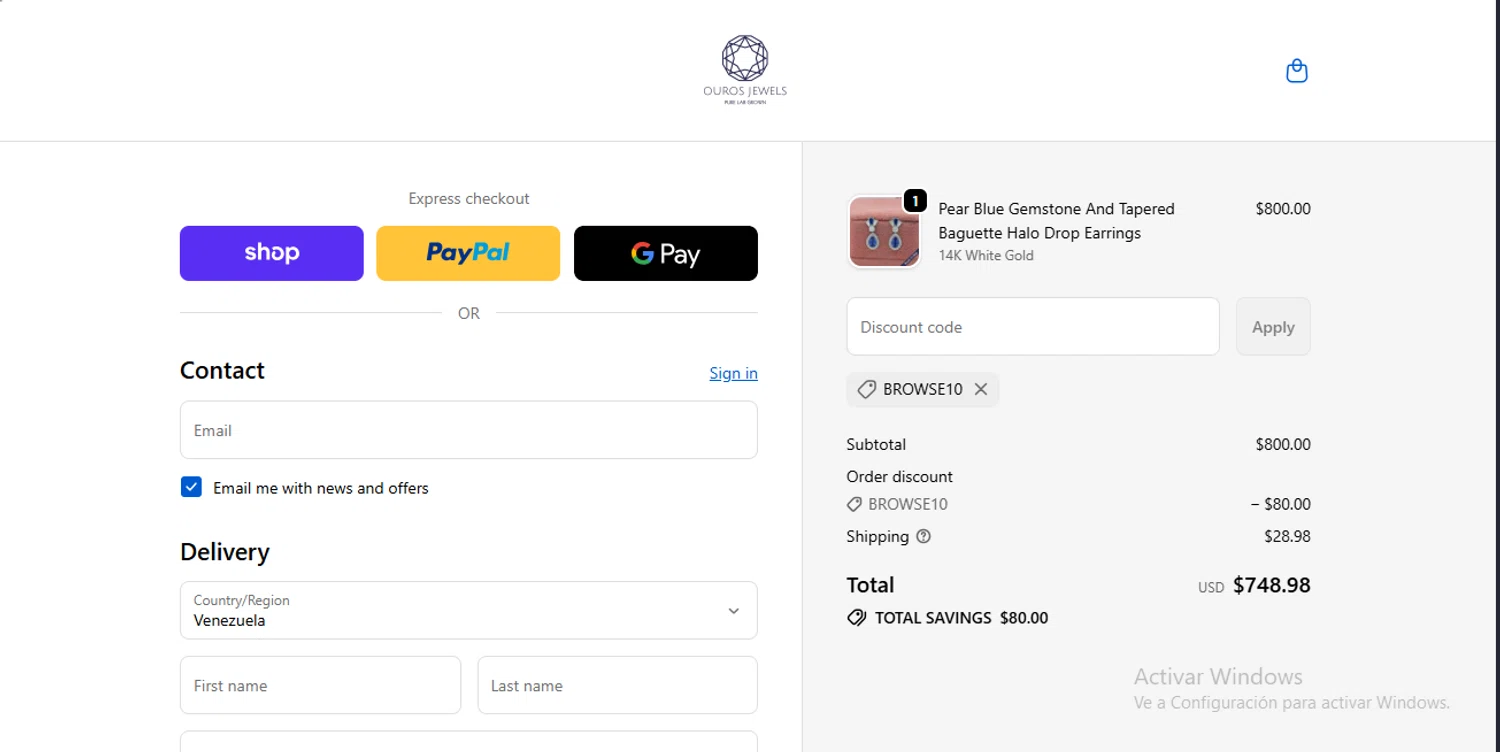 Ouros Jewels promo code screenshot showing code BROWSE10 applied at Ouros Jewels checkout page. Uploaded by SimplyCodes community member GoldSeeker7901 on Oct 15, 2025