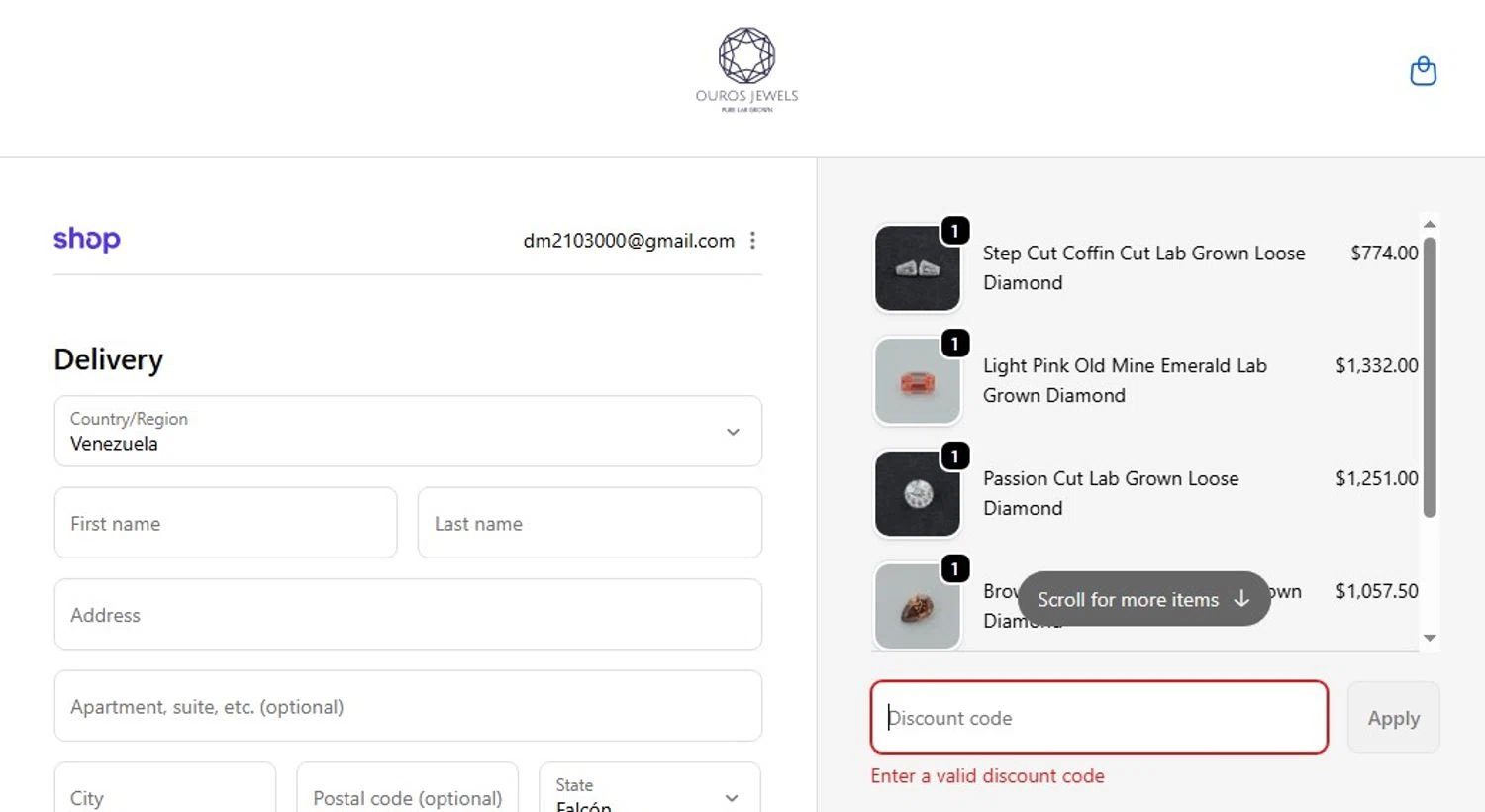 Ouros Jewels promo code screenshot showing code BROWSE10 applied at Ouros Jewels checkout page. Uploaded by SimplyCodes community member guest_868103459 on Nov 3, 2025