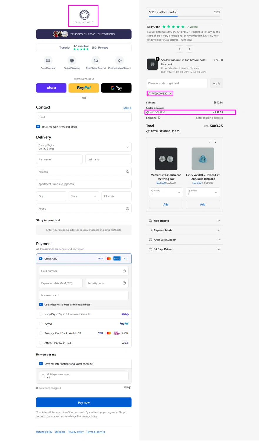 Ouros Jewels promo code screenshot showing code WELCOME10 applied at Ouros Jewels checkout page. Uploaded by SimplyCodes community member mrdarcy on Jan 23, 2026