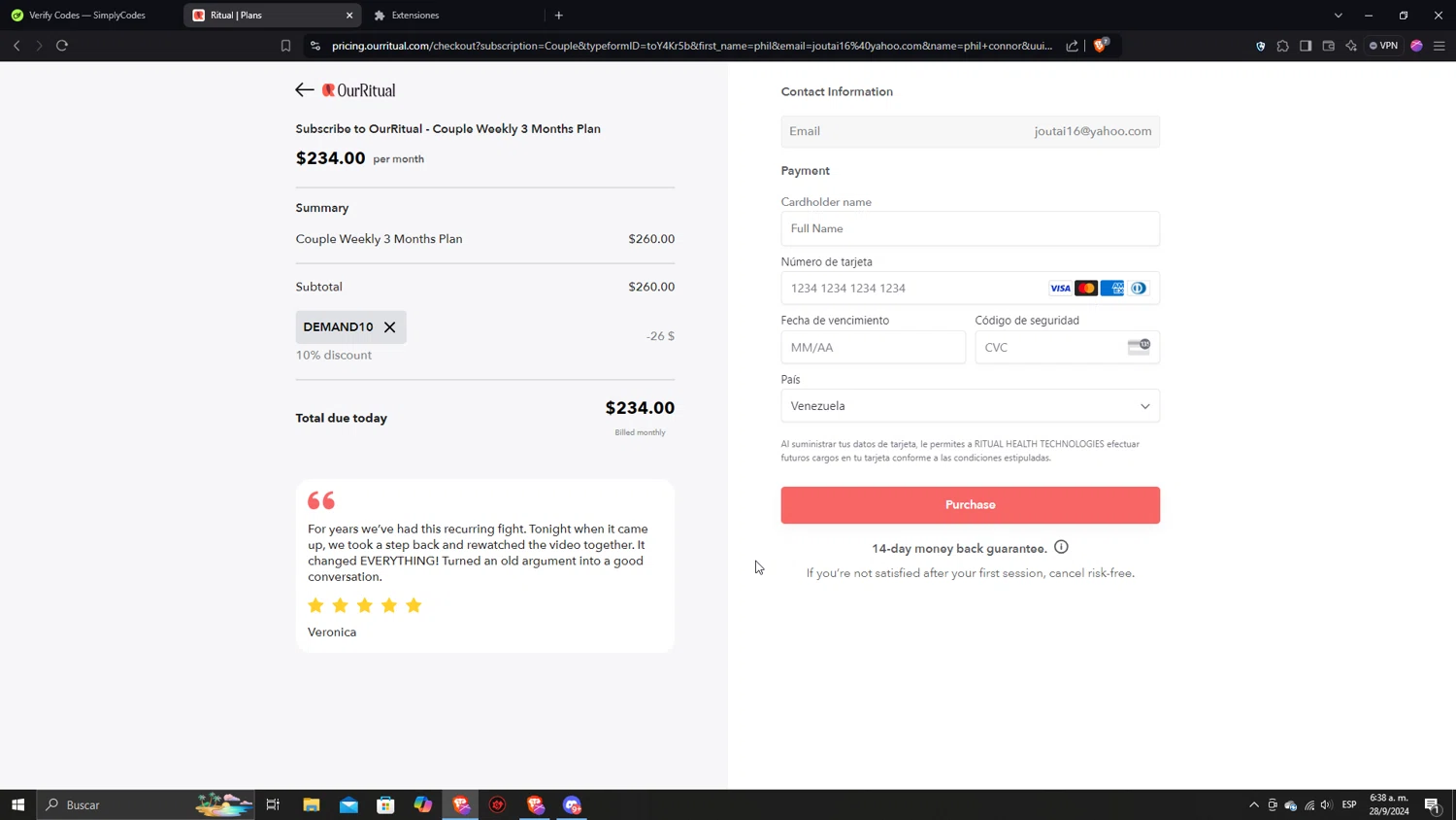 OurRitual checkout page showing OurRitual promo code box | Screenshot taken by SimplyCodes community member on Sep 28, 2024