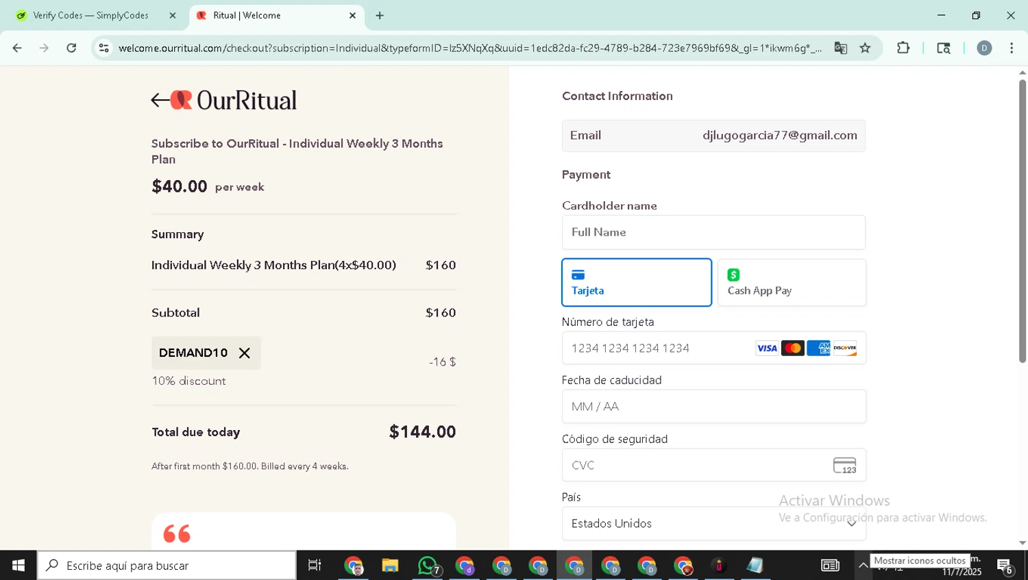 OurRitual promo code screenshot showing code DEMAND10 applied at OurRitual checkout page. Uploaded by SimplyCodes community member SavingsHero4493 on Jul 11, 2025