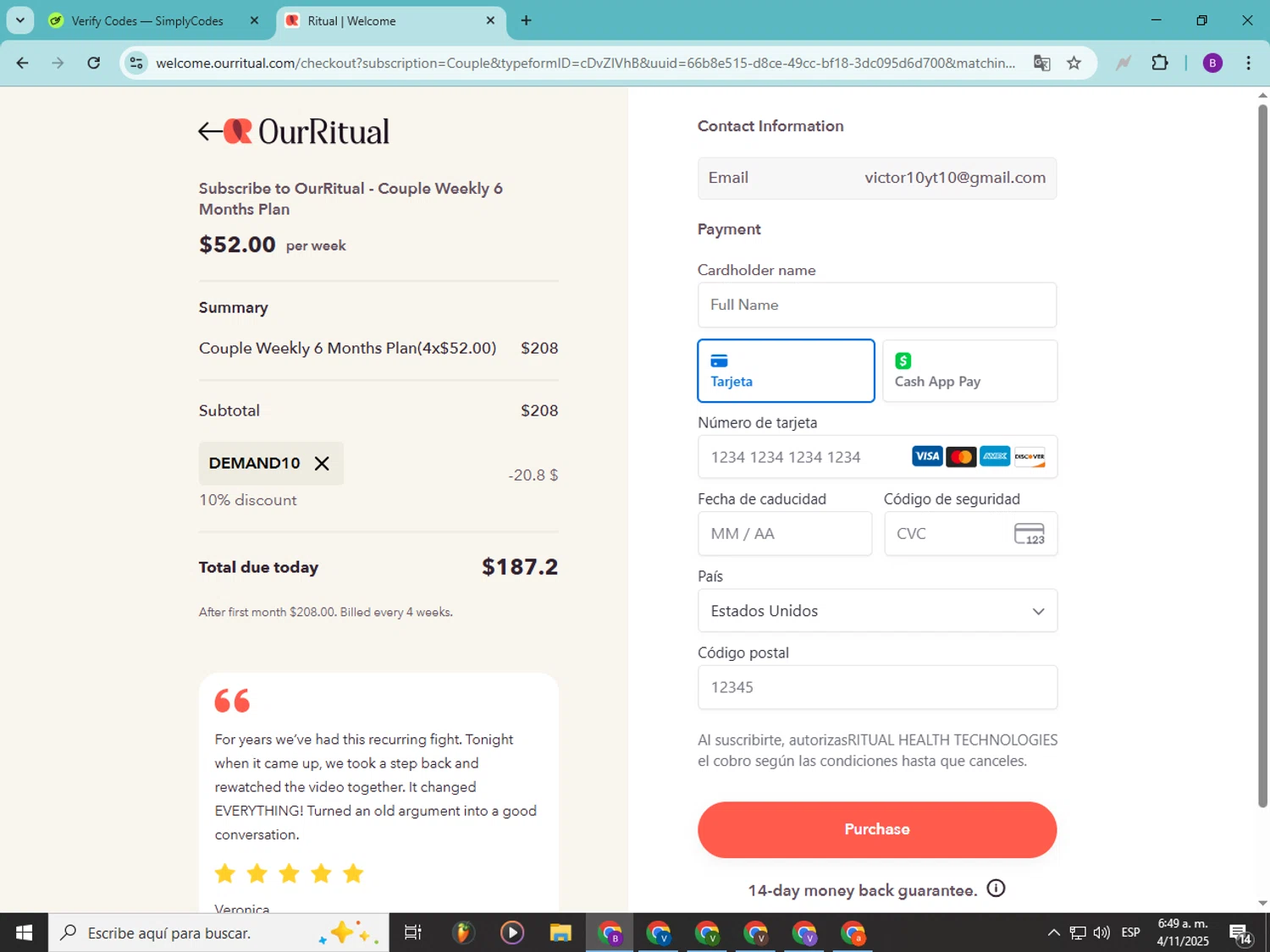 OurRitual promo code screenshot showing code DEMAND10 applied at OurRitual checkout page. Uploaded by SimplyCodes community member Soyvictor on Nov 4, 2025