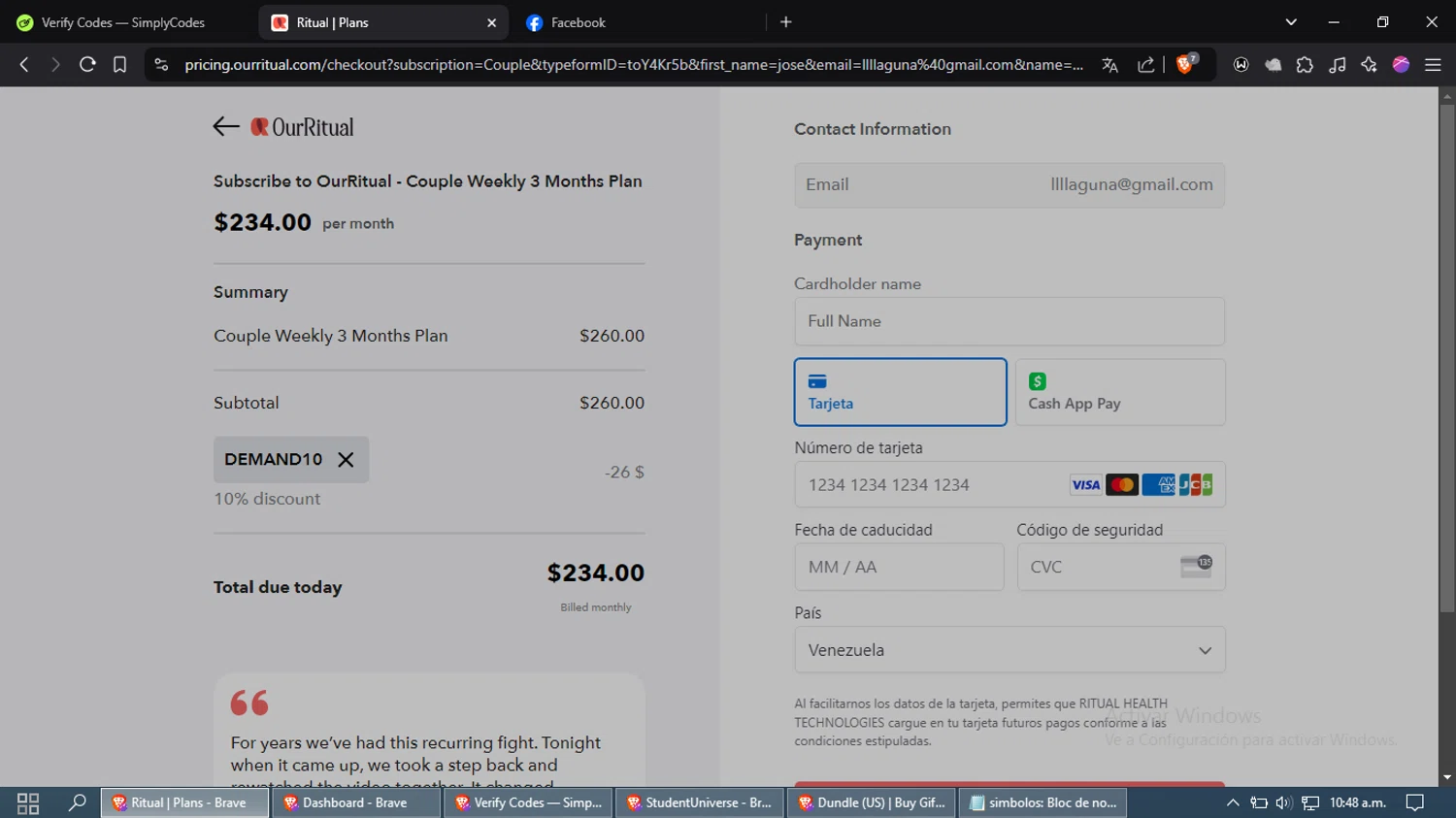 OurRitual checkout page showing OurRitual promo code box | Screenshot taken by SimplyCodes community member on Oct 27, 2024