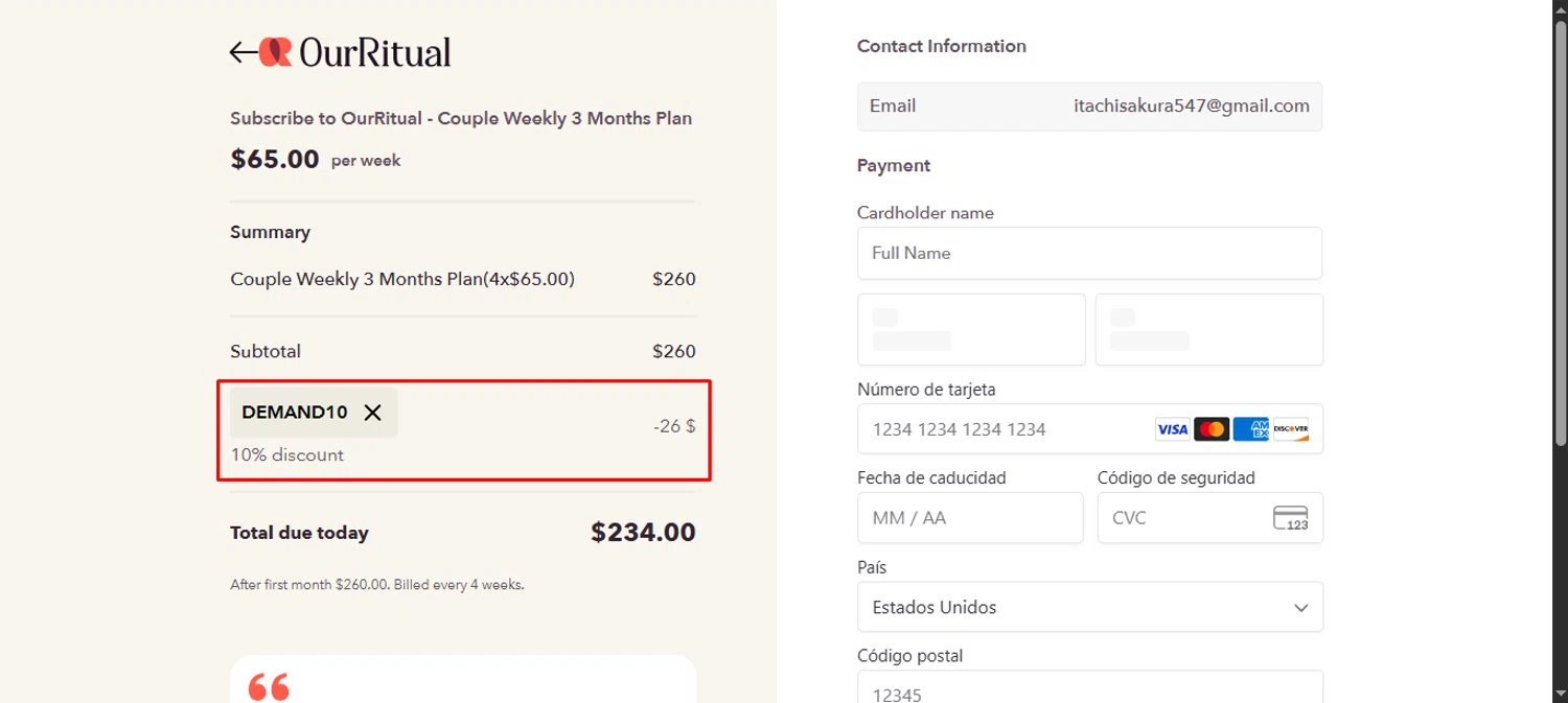 OurRitual promo code screenshot showing code DEMAND10 applied at OurRitual checkout page. Uploaded by SimplyCodes community member noworries on Sep 7, 2025