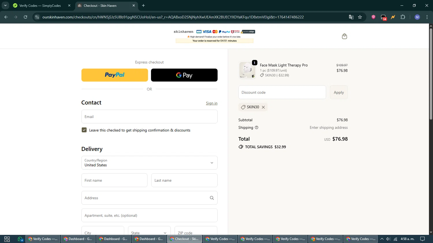 Skin Haven promo code screenshot showing code SKIN30 applied at Skin Haven checkout page. Uploaded by SimplyCodes community member VoucherCurator824 on Nov 26, 2025