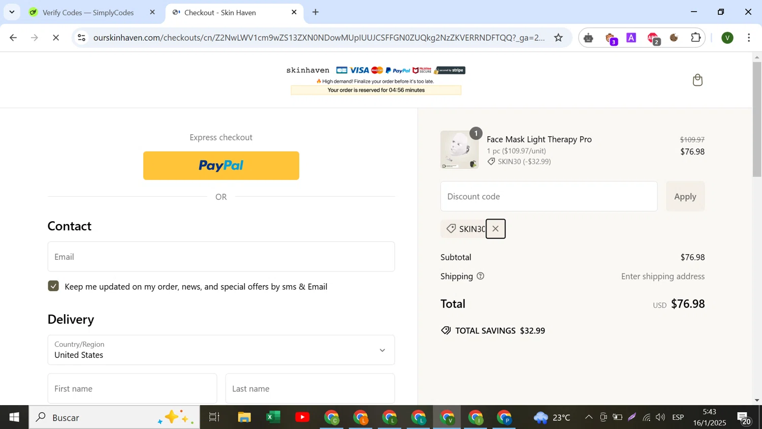 Skin Haven promo code screenshot showing code SKIN30 applied at Skin Haven checkout page. Uploaded by SimplyCodes community member SilverCollector8265 on Jan 16, 2025