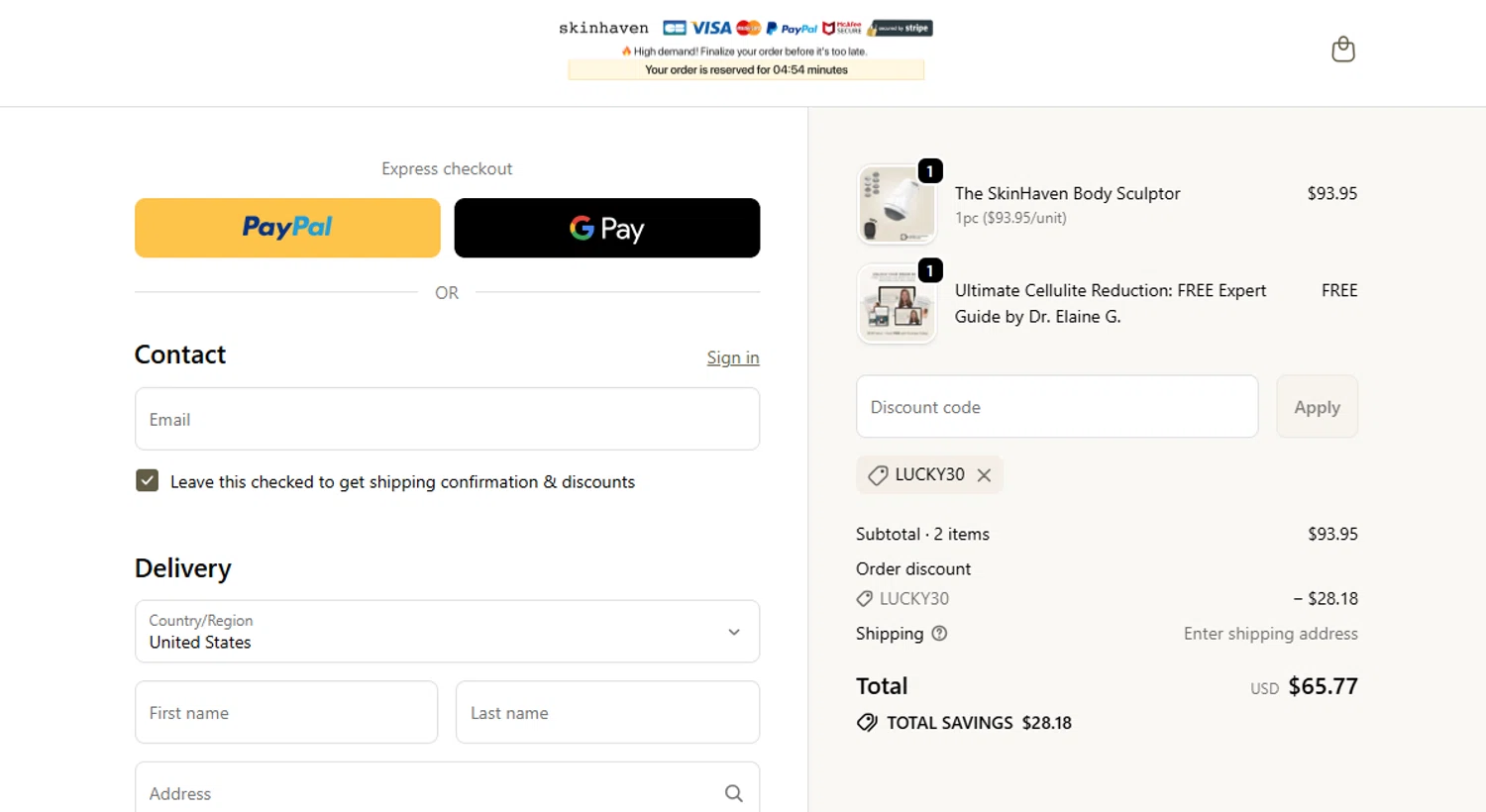 Skin Haven promo code screenshot showing code LUCKY30 applied at Skin Haven checkout page. Uploaded by SimplyCodes community member MightyMaven4946 on Dec 12, 2025