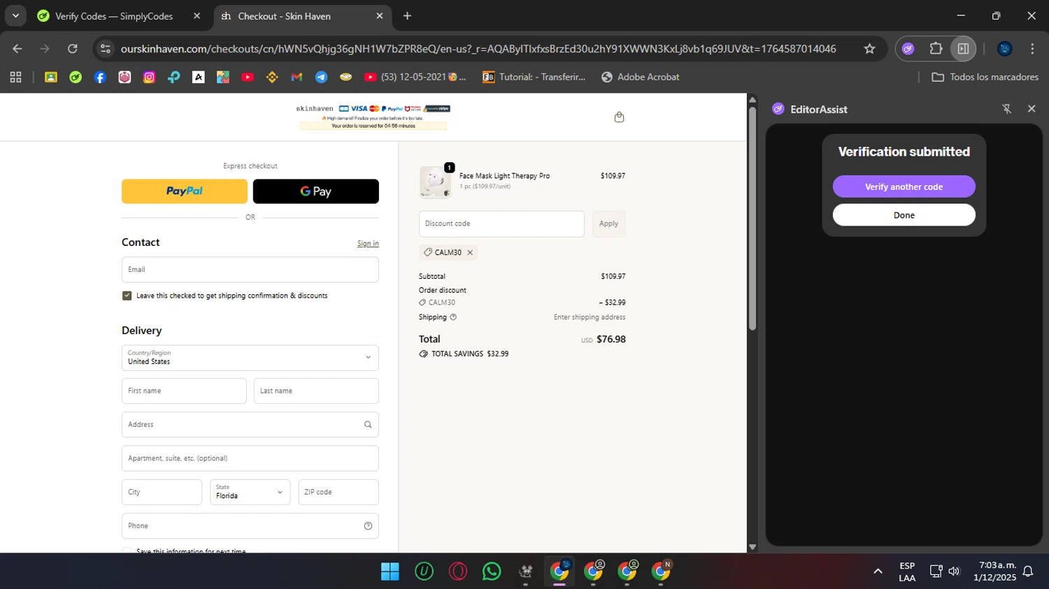 Skin Haven promo code screenshot showing code CALM30 applied at Skin Haven checkout page. Uploaded by SimplyCodes community member Crchirino1 on Dec 1, 2025