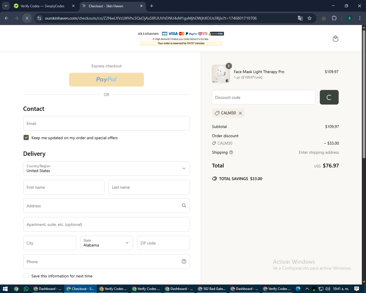 Skin Haven promo code screenshot showing code CALM30 applied at Skin Haven checkout page. Uploaded by SimplyCodes community member lilMosey on May 9, 2025