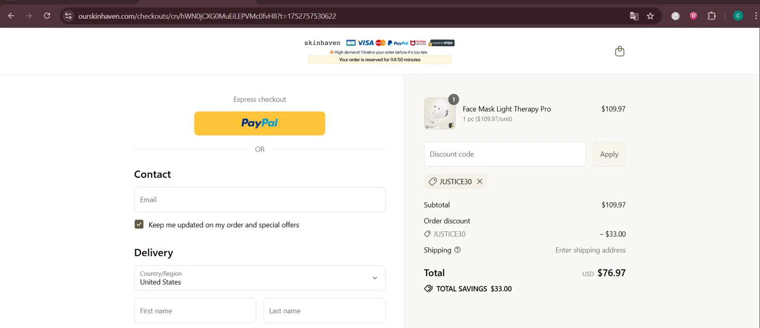 Skin Haven promo code screenshot showing code JUSTICE30 applied at Skin Haven checkout page. Uploaded by SimplyCodes community member Negritoo on Jul 17, 2025