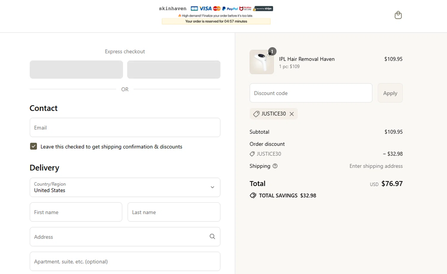 Skin Haven promo code screenshot showing code JUSTICE30 applied at Skin Haven checkout page. Uploaded by SimplyCodes community member QuestNavigator1687 on Aug 10, 2025