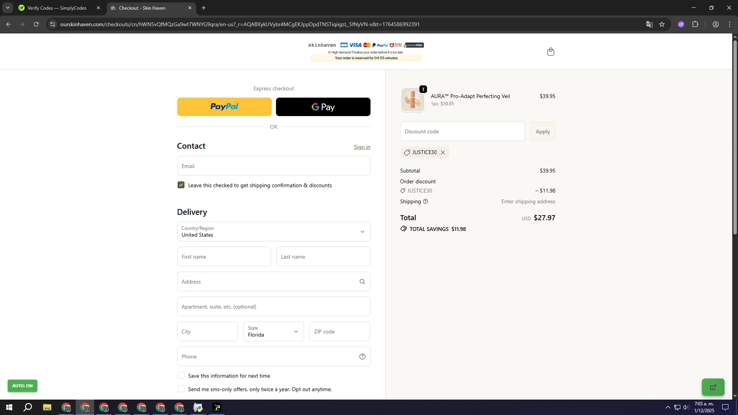 Skin Haven promo code screenshot showing code JUSTICE30 applied at Skin Haven checkout page. Uploaded by SimplyCodes community member aaaaaaaaaaaaaaaa on Dec 1, 2025