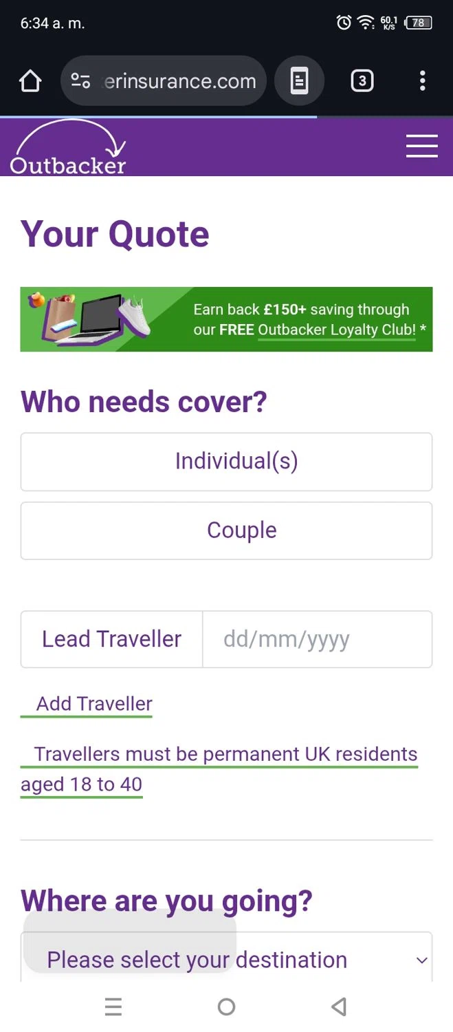 Outbacker Insurance discount code screenshot showing code OBND10 applied at Outbacker Insurance checkout page. Uploaded by SimplyCodes community member Code_339264826 on Jul 14, 2025