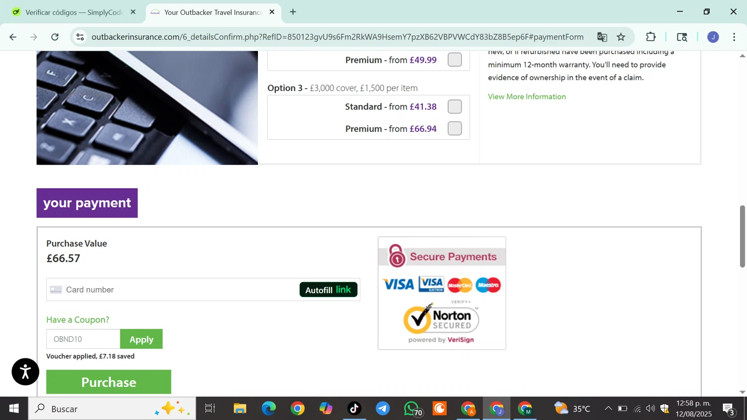 Outbacker Insurance discount code screenshot showing code OBND10 applied at Outbacker Insurance checkout page. Uploaded by SimplyCodes community member DiscountSleuth6807 on Aug 12, 2025