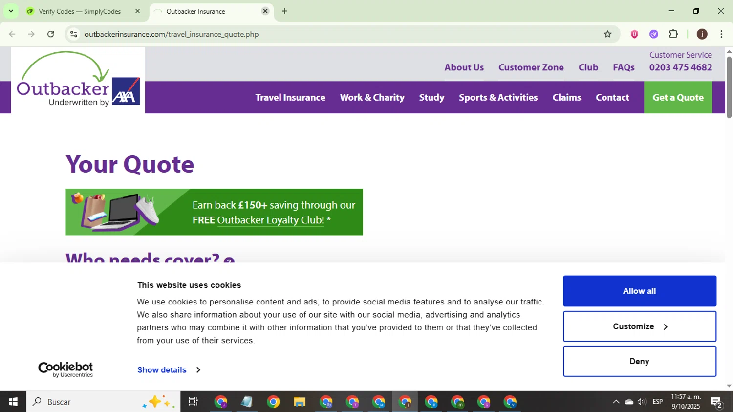 Outbacker Insurance discount code screenshot showing code OUTBACKER5 applied at Outbacker Insurance checkout page. Uploaded by SimplyCodes community member WonderEagle9833 on Oct 9, 2025