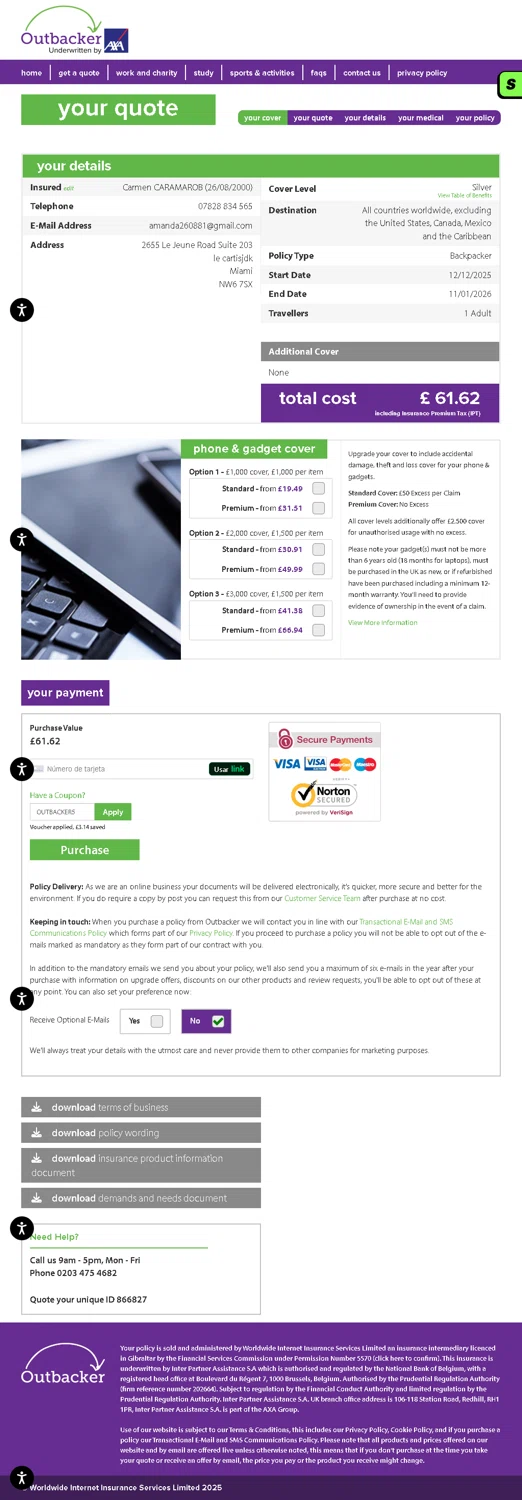Outbacker Insurance discount code screenshot showing code OUTBACKER5 applied at Outbacker Insurance checkout page. Uploaded by SimplyCodes community member carmenamandabritoser on Oct 9, 2025