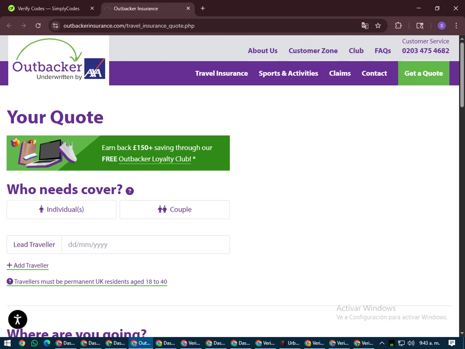 Outbacker Insurance discount code screenshot showing code STUDENT10 applied at Outbacker Insurance checkout page. Uploaded by SimplyCodes community member LuckyVoyager688 on Jul 12, 2025