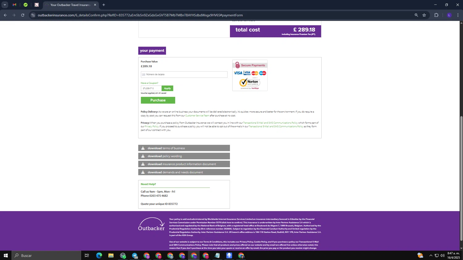 Outbacker Insurance discount code screenshot showing code STUDENT10 applied at Outbacker Insurance checkout page. Uploaded by SimplyCodes community member CoinElite8726 on Apr 16, 2025